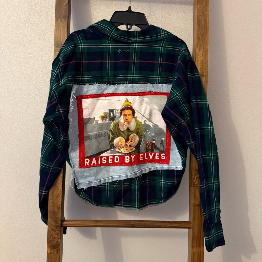 Upcycled flannel shirt ‘buddy the elf’ size small